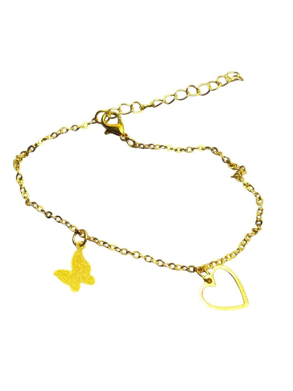 Dainty Goldtone Anklet Butterfly and Heart Charms 8.25 - 10.25 inches Long